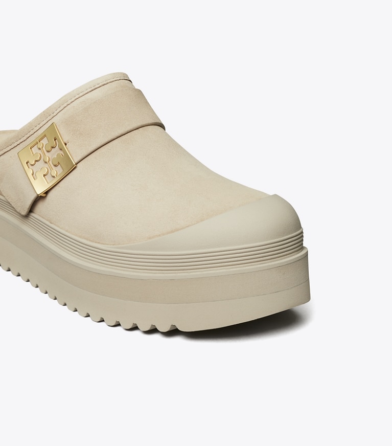 Tory Burch designer flats Mellow Shearling Platform Mule in CALCARE / GOLD angle