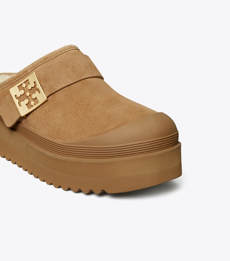 Tory Burch designer flats Mellow Shearling Platform Mule in CHESTNUT / GOLD detail