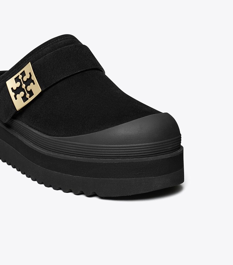 Tory Burch designer flats Mellow Shearling Platform Mule in PERFECT BLACK / GOLD detail