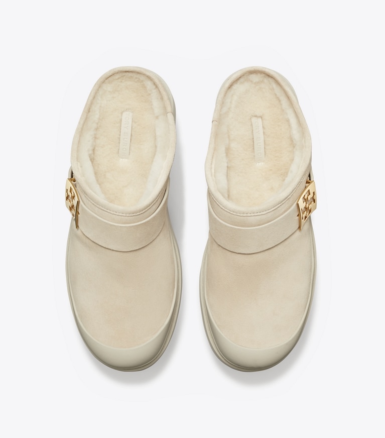 Tory Burch designer flats Mellow Shearling Platform Mule in CALCARE / GOLD angle