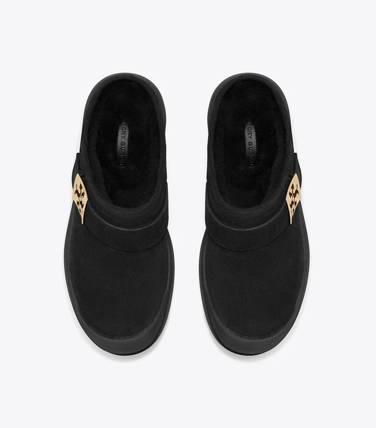 Tory Burch designer flats Mellow Shearling Platform Mule in PERFECT BLACK / GOLD overhead