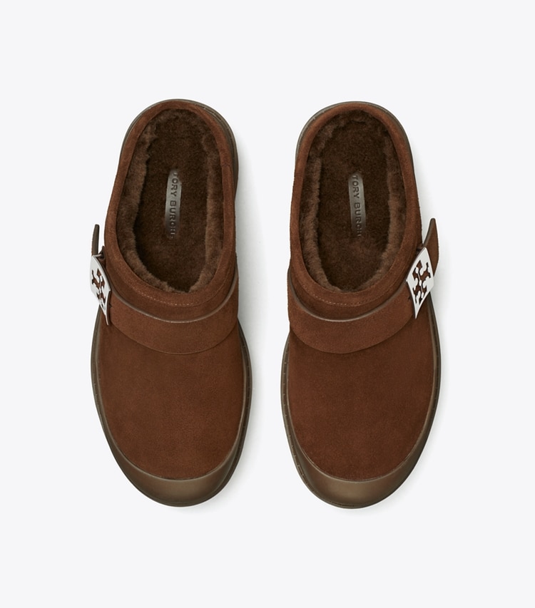 Tory Burch designer flats Mellow Shearling Platform Mule in DARK COCOA / SILVER overhead