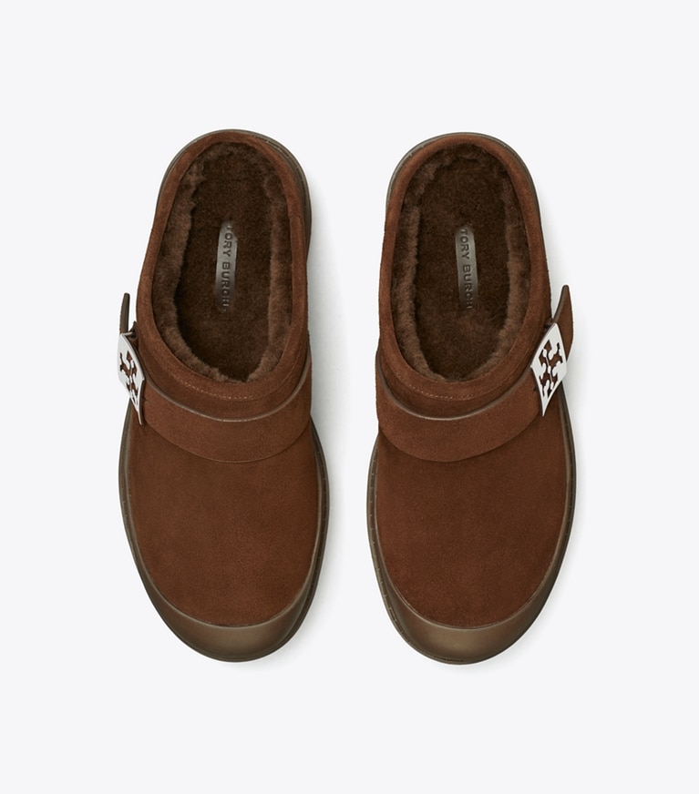 Tory Burch designer flats Mellow Shearling Platform Mule in DARK COCOA / SILVER overhead