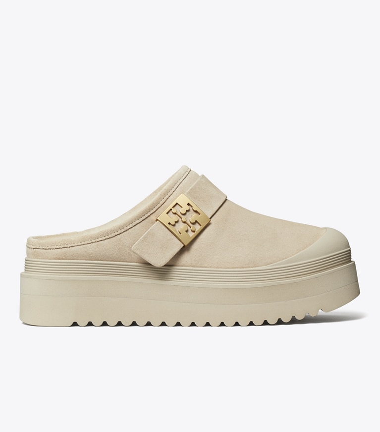 Tory Burch designer flats Mellow Shearling Platform Mule in CALCARE / GOLD angle