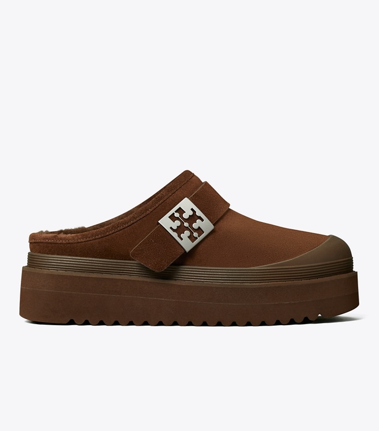 Tory Burch designer flats Mellow Shearling Platform Mule in DARK COCOA / SILVER side