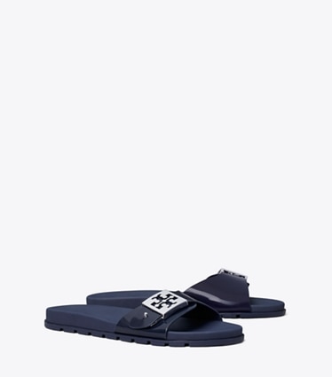 Tory Burch designer sandals Mellow Slide in NEW NAVY / SILVER angle