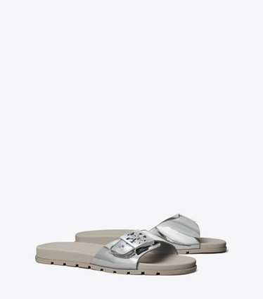 Tory Burch designer sandals Mellow Slide in SILVER / SILVER / ALUMINUM angle