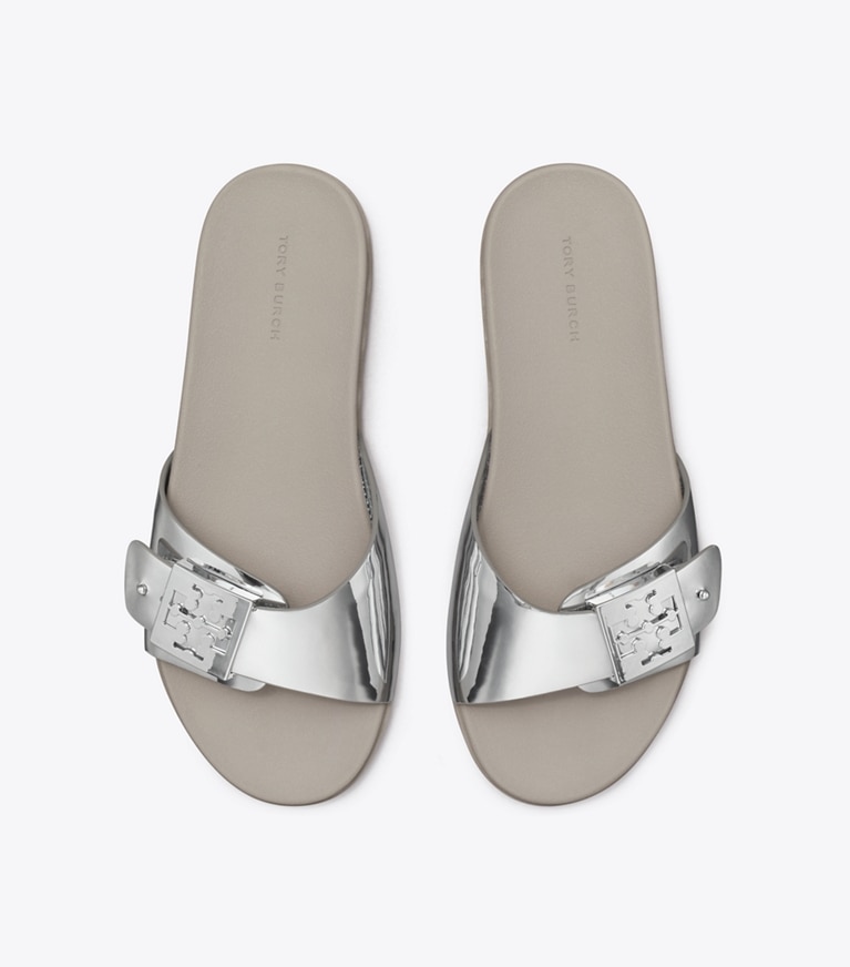 Tory Burch designer sandals Mellow Slide in SILVER / SILVER / ALUMINUM angle