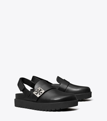 Tory Burch designer flats Mellow Sport Mule in PERFECT BLACK / SILVER angle