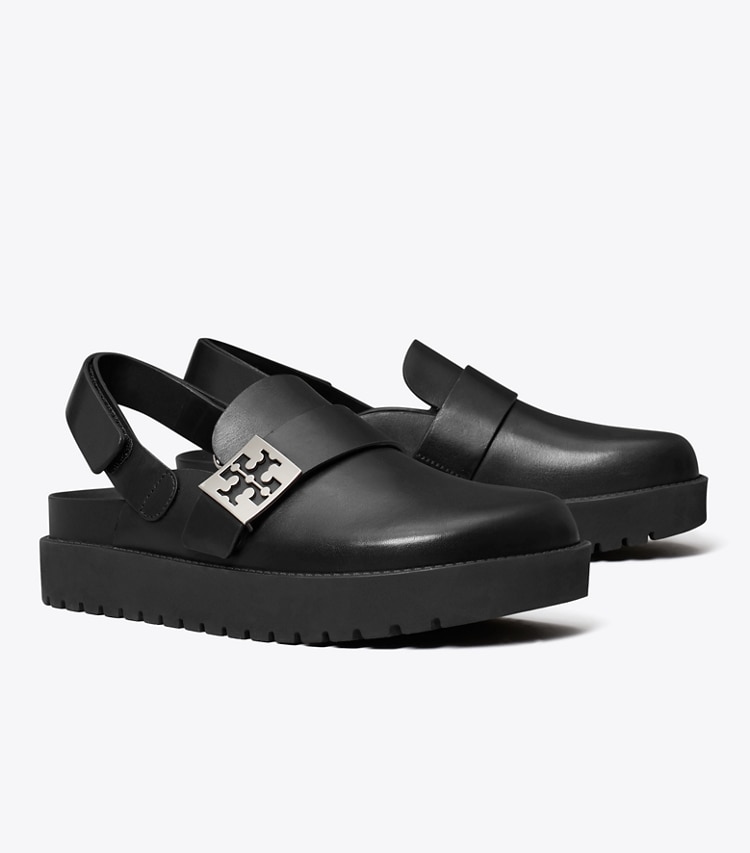 Tory Burch designer flats Mellow Sport Mule in PERFECT BLACK / SILVER angle