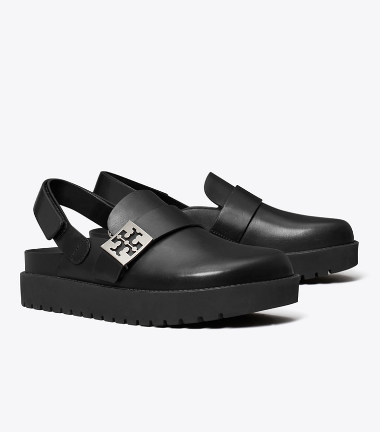Tory Burch designer flats Mellow Sport Mule in PERFECT BLACK / SILVER angle