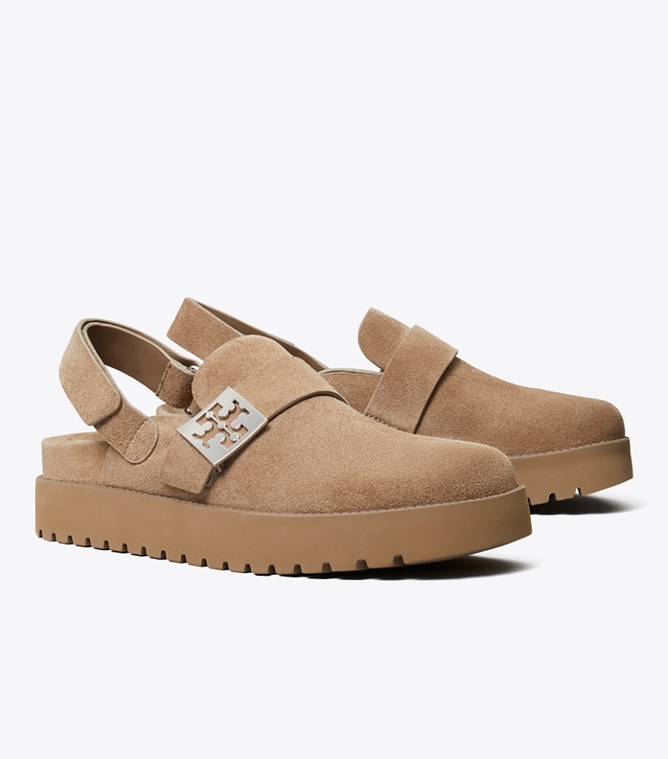Tory Burch designer flats Mellow Sport Mule in RIVER ROCK / SILVER angle