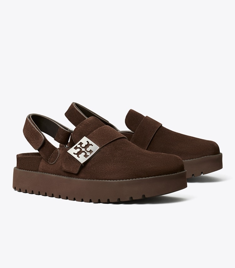 Tory Burch designer flats Mellow Sport Mule in DARK COCOA / SILVER angle