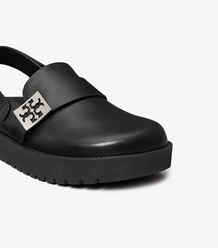 Tory Burch designer flats Mellow Sport Mule in PERFECT BLACK / SILVER detail