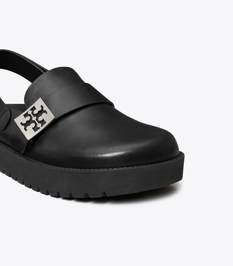 Tory Burch designer flats Mellow Sport Mule in PERFECT BLACK / SILVER detail