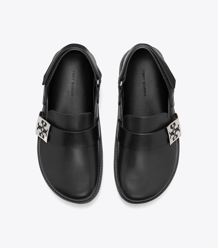 Tory Burch designer flats Mellow Sport Mule in PERFECT BLACK / SILVER overhead