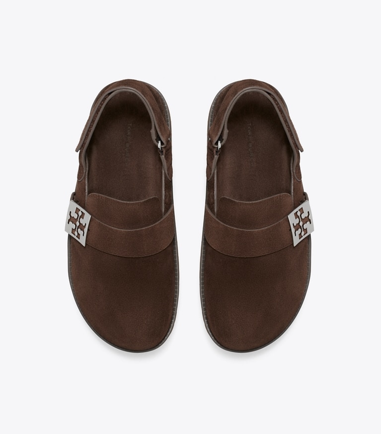 Tory Burch designer flats Mellow Sport Mule in DARK COCOA / SILVER overhead