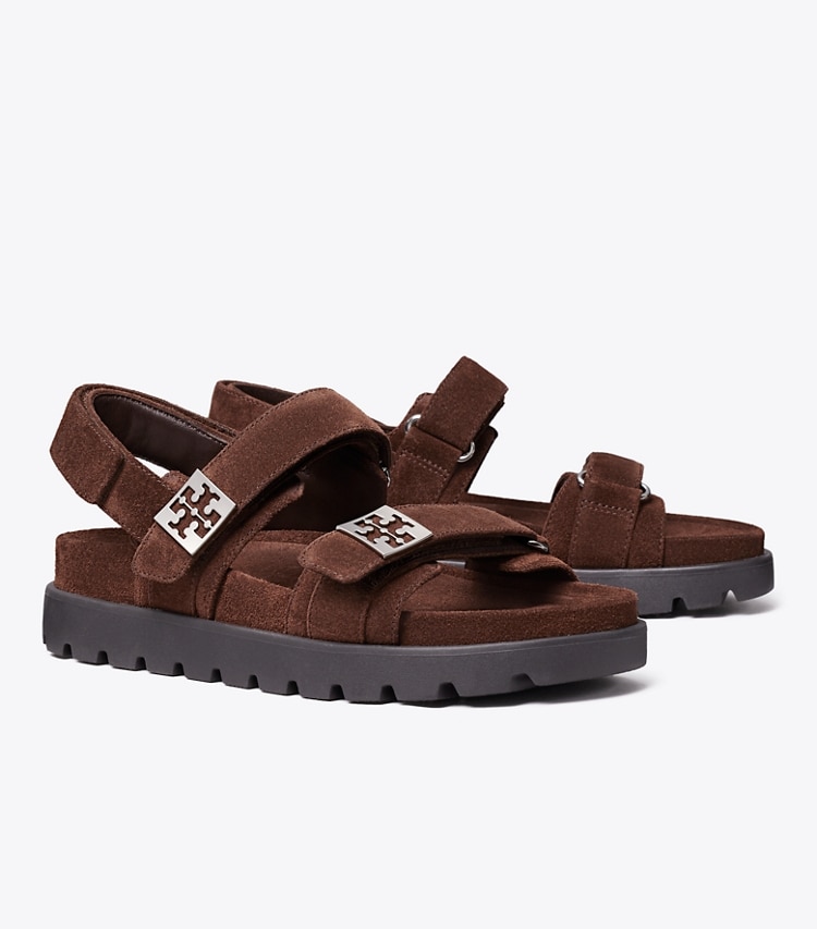 Tory Burch designer sandals Mellow Sport Sandal in DARK COCOA / PERFECT BLACK / SILVER angle