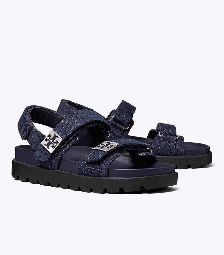 Tory Burch designer sandals Mellow Sport Sandal in MIDNIGHT DENIM / NAVY / SILVER angle
