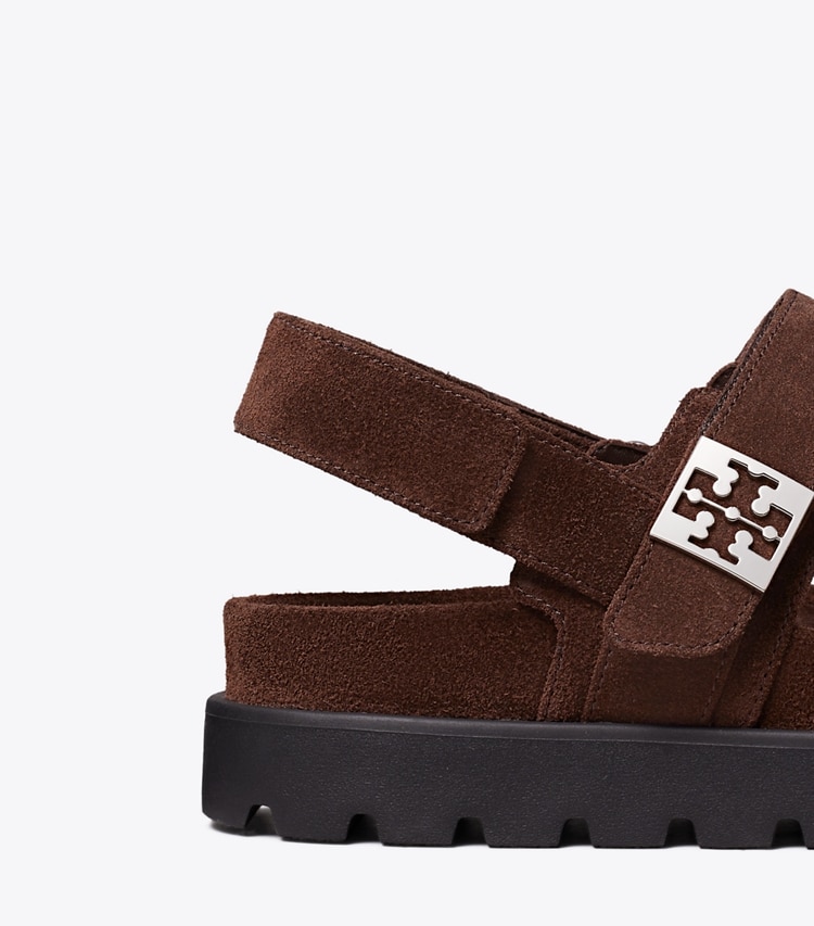 Tory Burch designer sandals Mellow Sport Sandal in DARK COCOA / PERFECT BLACK / SILVER detail