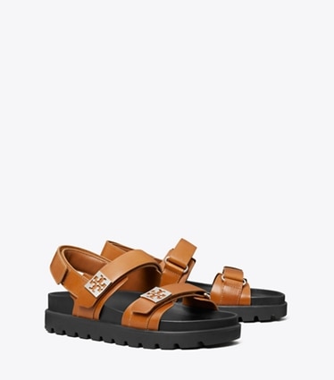Tory Burch designer sandalen Mellow Sportsandale in CUOIO / PERFECT BLACK / SILVER angle
