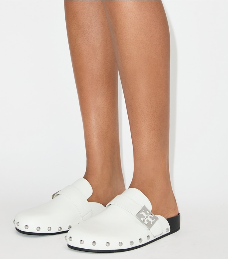 Tory Burch designer flats Mellow Studded Mule in WHITE / SILVER accessory on model