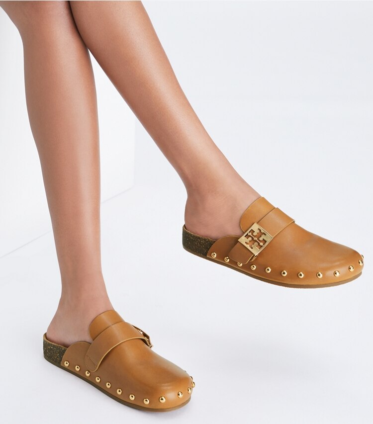 Tory Burch designer flats Mellow Studded Mule in CARAMEL CORN additional on model