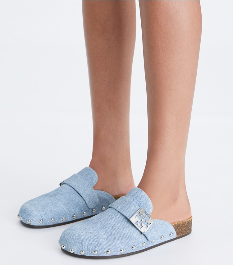 Tory Burch designer flats Mellow Studded Mule in BLUE CLOUD / SILVER additional on model