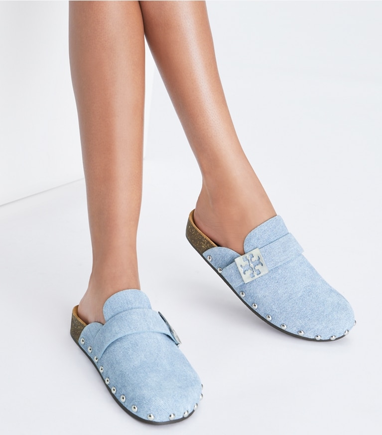 Tory Burch designer flats Mellow Studded Mule in BLUE CLOUD / SILVER angle