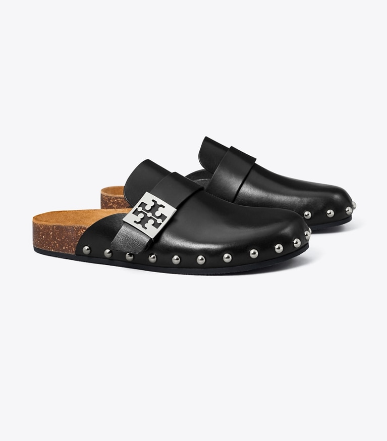 Studded Classic Flat Sandals - Black Leather