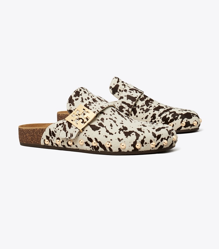 Tory Burch designer flats Mellow Studded Mule in COW PRINT / GOLD angle