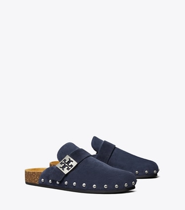 Tory Burch designer flats Mellow Studded Mule in NEW NAVY / SILVER angle