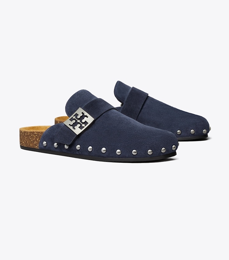 Tory Burch designer flats Mellow Studded Mule in NEW NAVY / SILVER angle