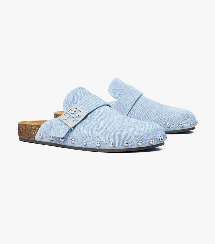 Tory Burch designer flats Mellow Studded Mule in BLUE CLOUD / SILVER angle