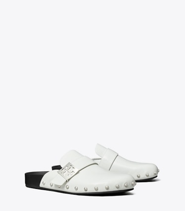 Tory Burch designer flats Mellow Studded Mule in BIANCO LAREDO / SILVER angle