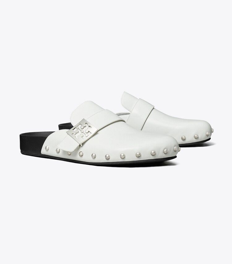 Tory Burch designer flats Mellow Studded Mule in BIANCO LAREDO / SILVER angle