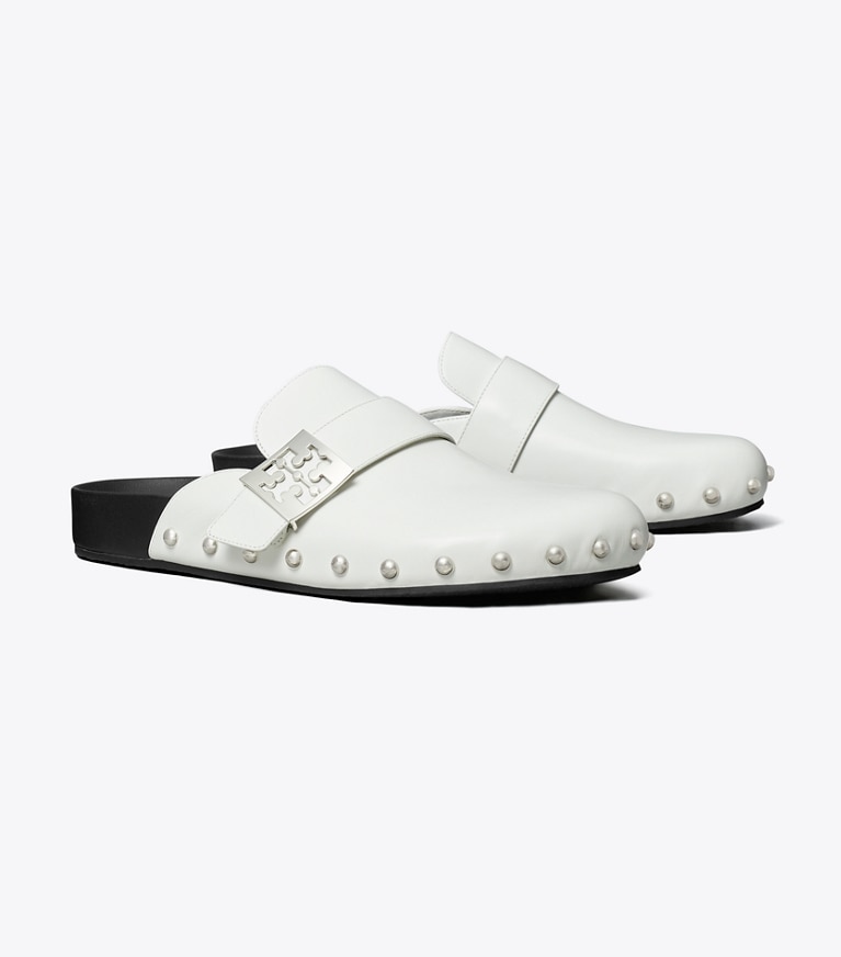 Tory Burch designer flats Mellow Studded Mule in BIANCO LAREDO / SILVER angle