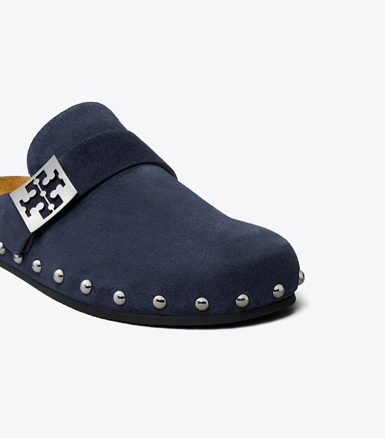Tory Burch designer flats Mellow Studded Mule in NEW NAVY / SILVER angle