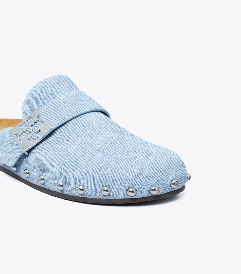 Tory Burch designer flats Mellow Studded Mule in BLUE CLOUD / SILVER angle