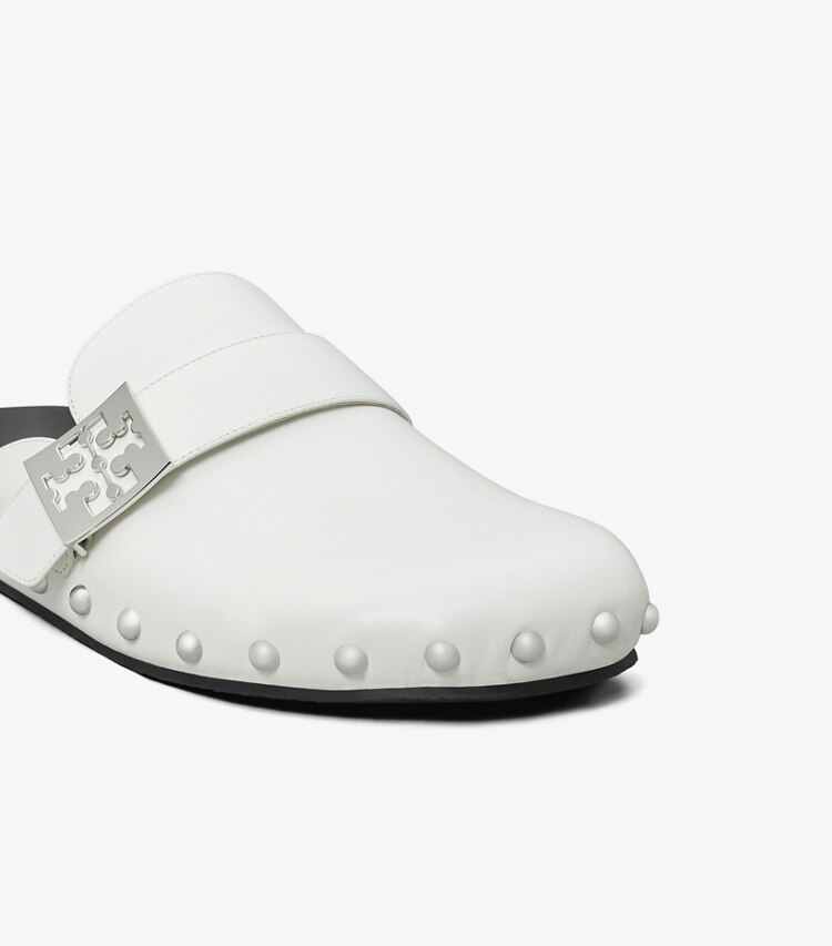 Tory Burch designer flats Mellow Studded Mule in BIANCO LAREDO / SILVER detail