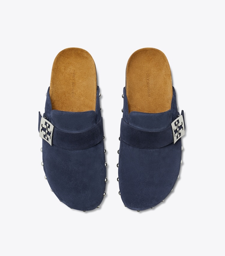 Tory Burch designer flats Mellow Studded Mule in NEW NAVY / SILVER overhead