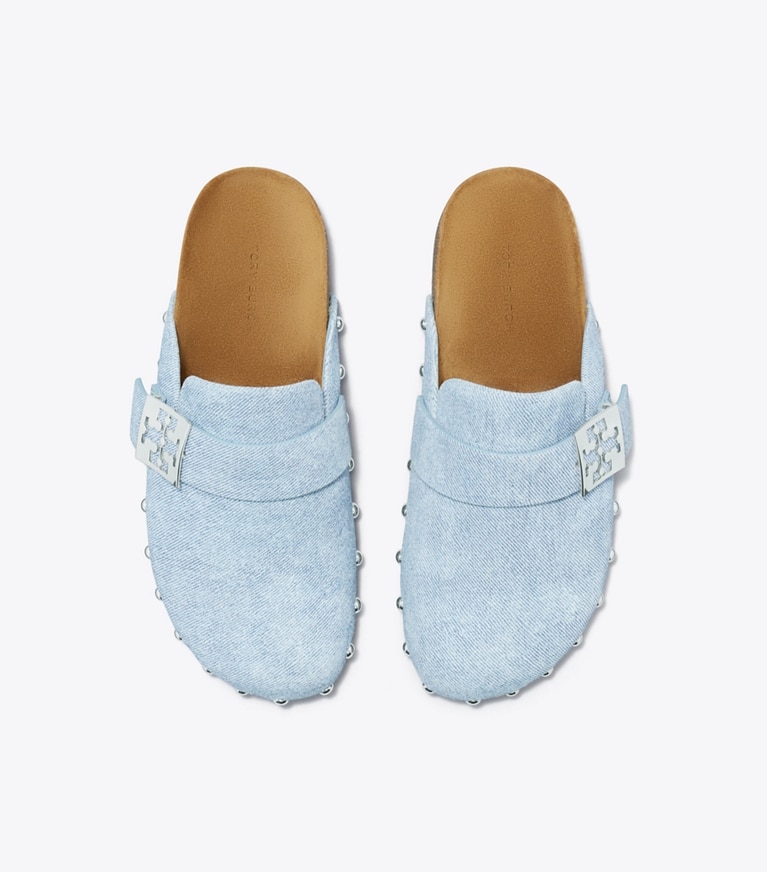 Tory Burch designer flats Mellow Studded Mule in BLUE CLOUD / SILVER angle