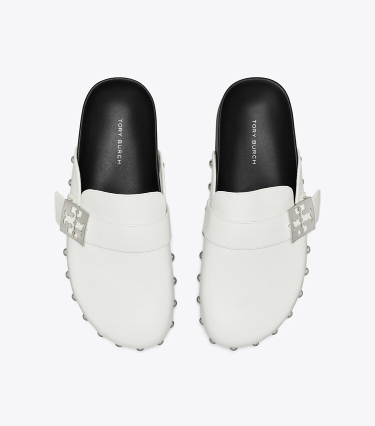 Tory Burch designer flats Mellow Studded Mule in BIANCO LAREDO / SILVER overhead
