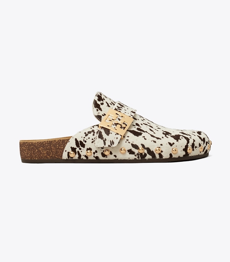 Tory Burch designer flats Mellow Studded Mule in COW PRINT / GOLD side