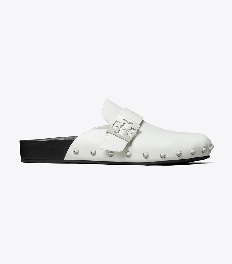 Tory Burch designer flats Mellow Studded Mule in BIANCO LAREDO / SILVER angle