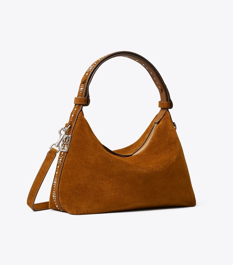 Tory Burch designer shoulder bags Mellow Studded Suede Shoulder Bag in Caramel angle