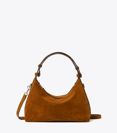 Tory Burch designer shoulder bags Mellow Studded Suede Shoulder Bag in Caramel front