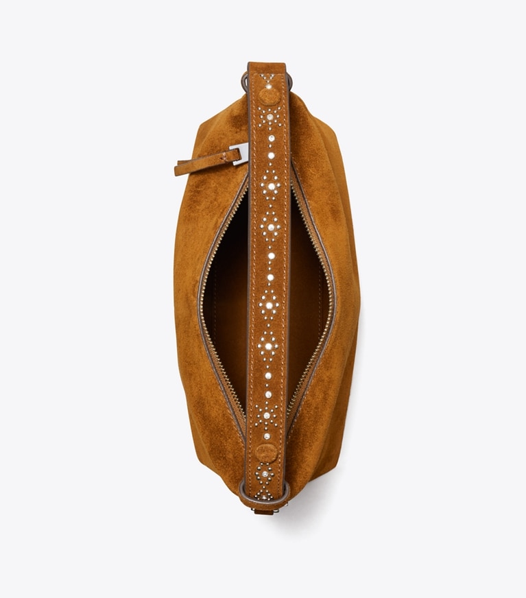 Tory Burch designer shoulder bags Mellow Studded Suede Shoulder Bag in Caramel overhead