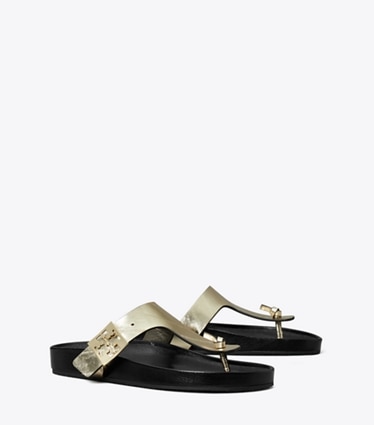 Tory Burch designer sandals Mellow T-Strap Sandal in SPARK GOLD / PERFECT BLACK angle