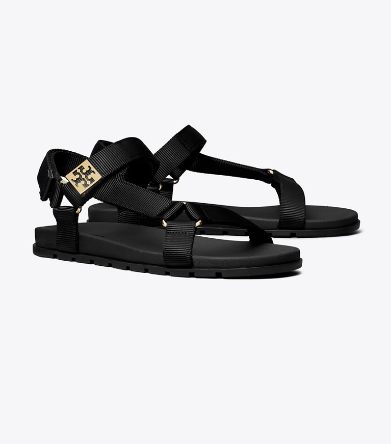 Tory Burch designer sandals Mellow Trail Sandal in PERFECT BLACK / GOLD angle
